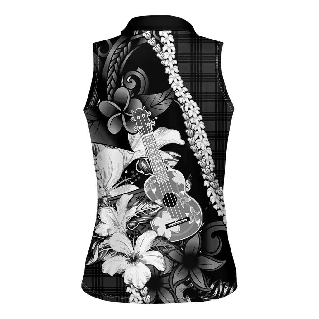 Hawaii Ukulele Women Sleeveless Polo Shirt Tropical Flowers With Palaka Effect Black Version - Polynesian Pride