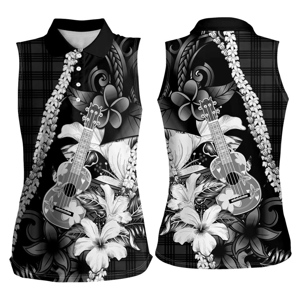 Hawaii Ukulele Women Sleeveless Polo Shirt Tropical Flowers With Palaka Effect Black Version - Polynesian Pride