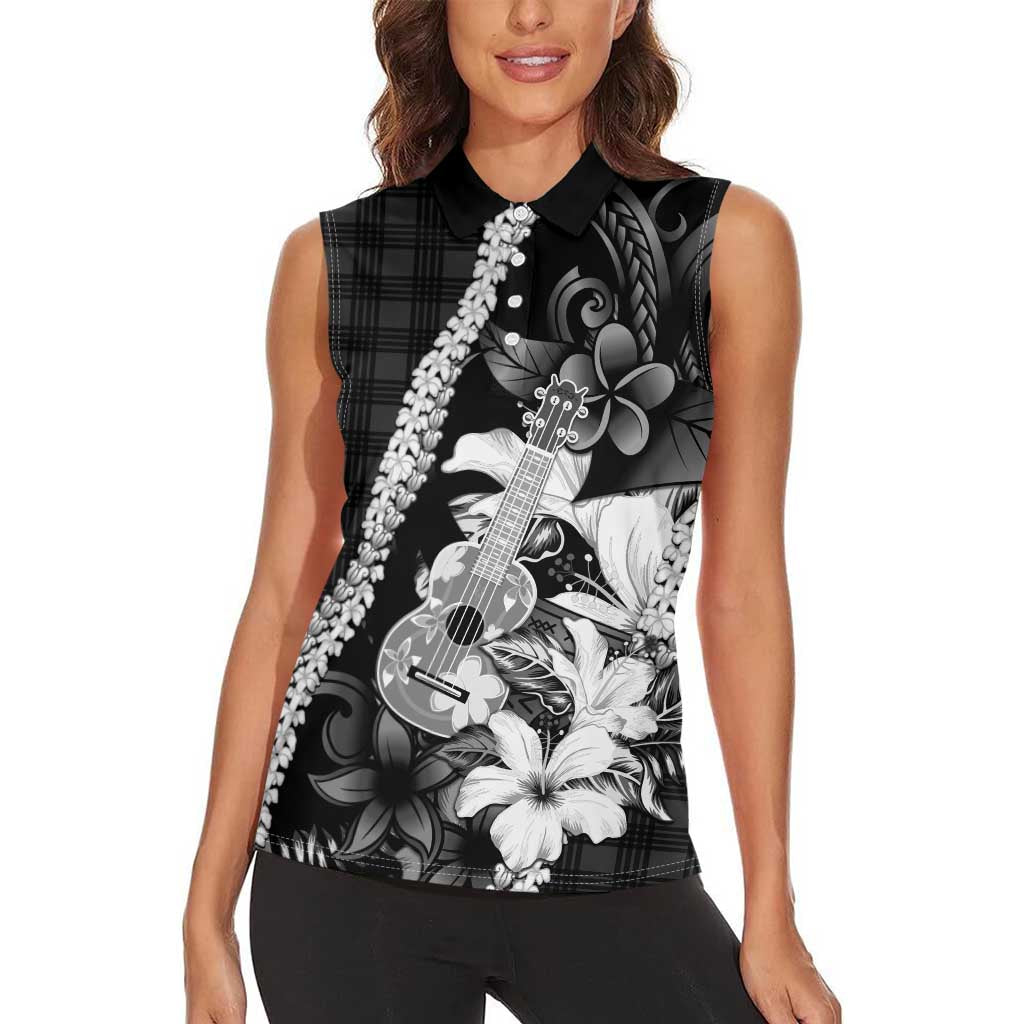 Hawaii Ukulele Women Sleeveless Polo Shirt Tropical Flowers With Palaka Effect Black Version - Polynesian Pride