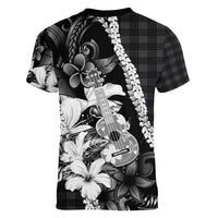 Hawaii Ukulele Women V-Neck T-Shirt Tropical Flowers With Palaka Effect Black Version - Polynesian Pride