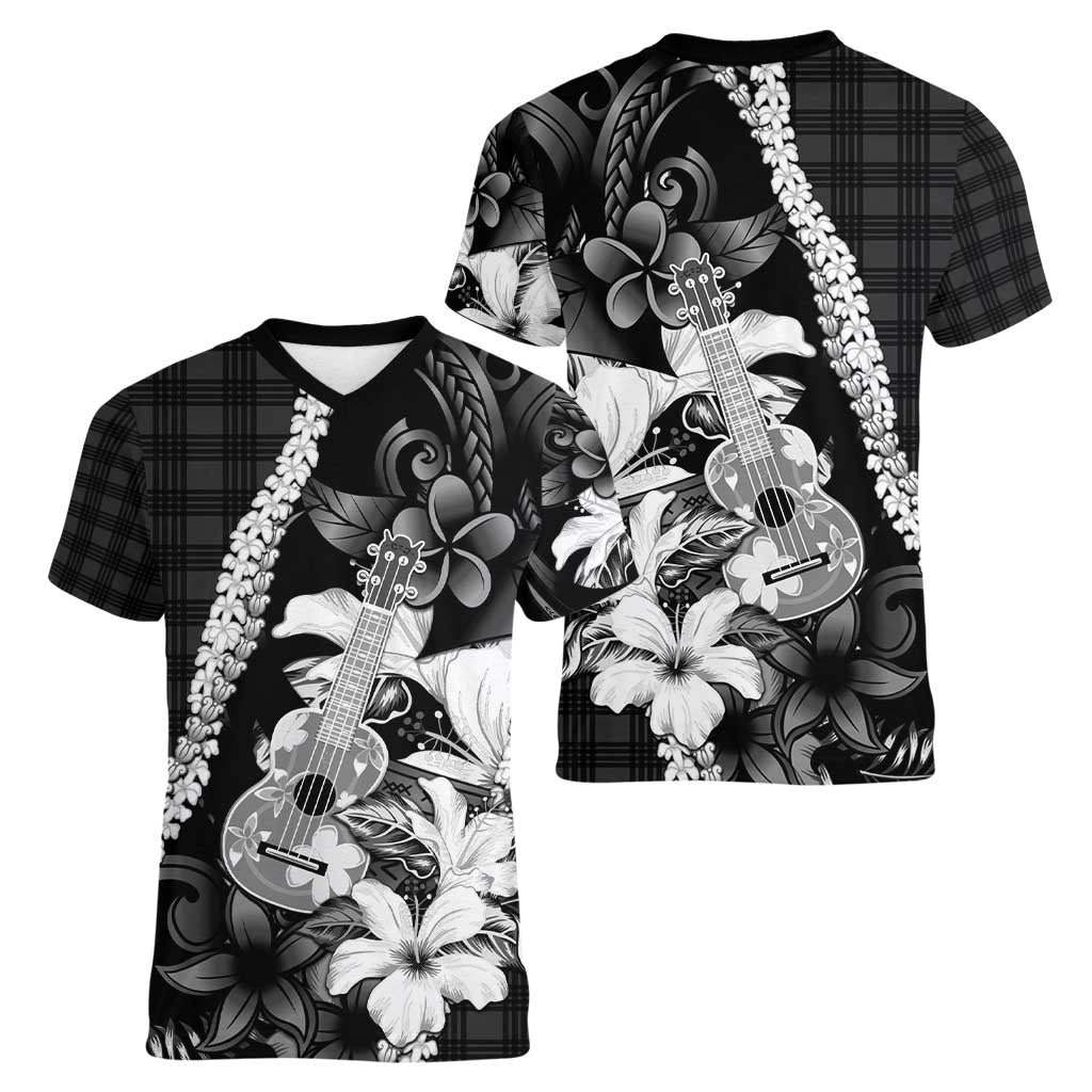 Hawaii Ukulele Women V-Neck T-Shirt Tropical Flowers With Palaka Effect Black Version - Polynesian Pride