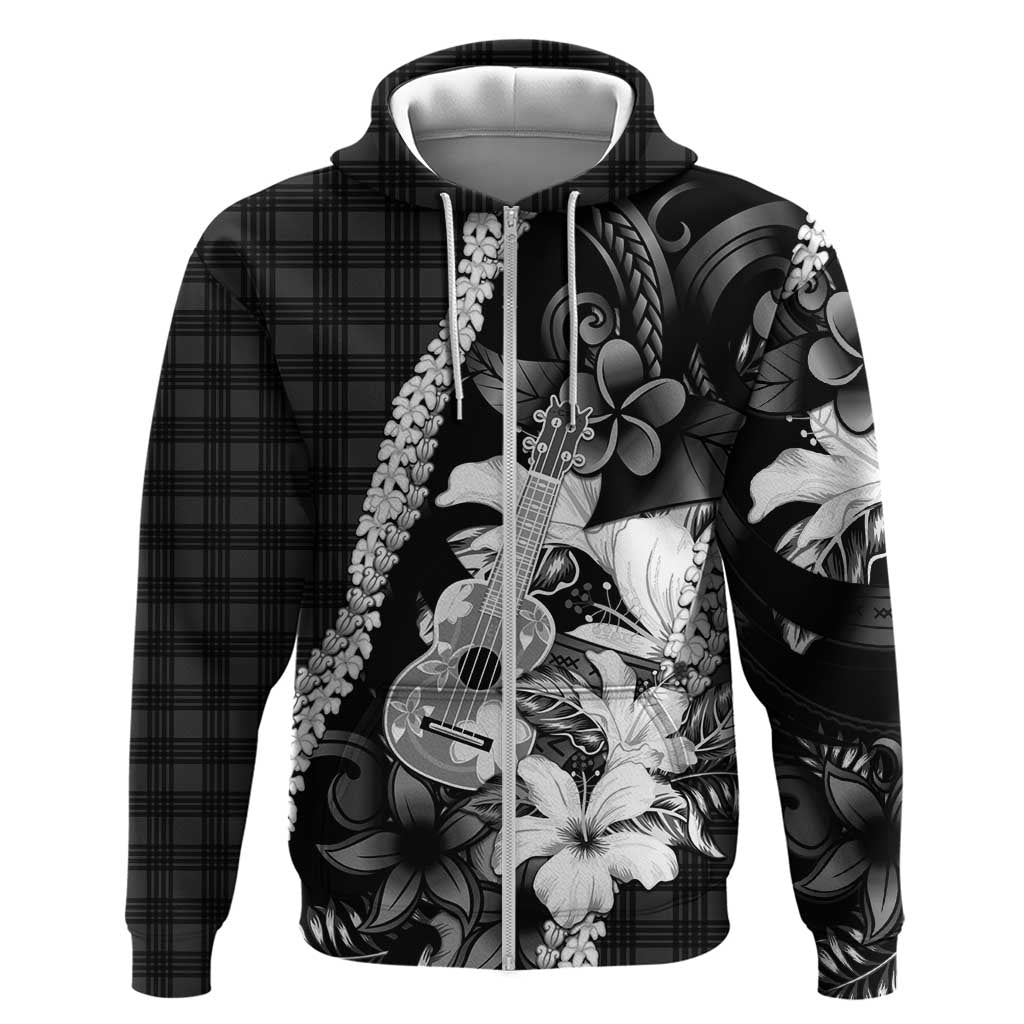 Hawaii Ukulele Zip Hoodie Tropical Flowers With Palaka Effect Black Version - Polynesian Pride
