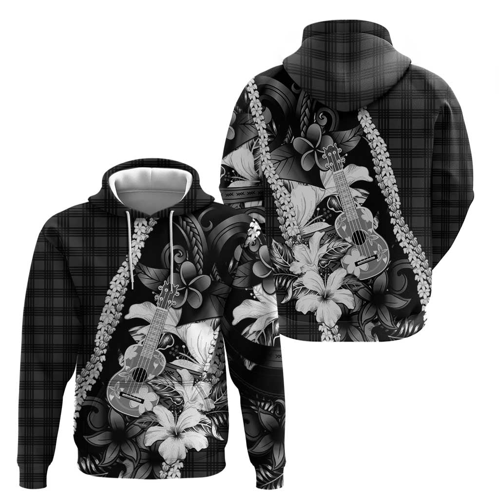 Hawaii Ukulele Zip Hoodie Tropical Flowers With Palaka Effect Black Version - Polynesian Pride