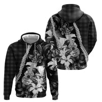 Hawaii Ukulele Zip Hoodie Tropical Flowers With Palaka Effect Black Version - Polynesian Pride
