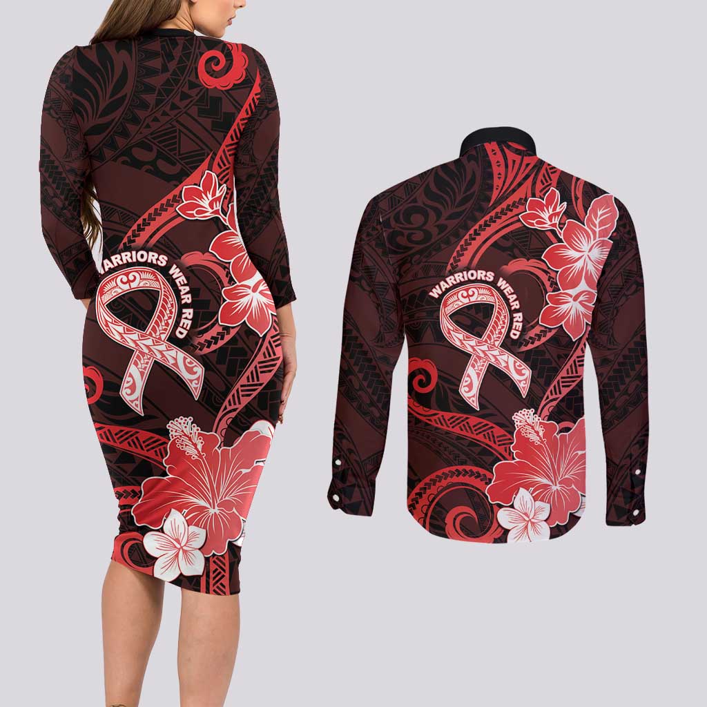 Heart Health Awareness Couples Matching Long Sleeve Bodycon Dress and Long Sleeve Button Shirt Warrior Wears Red Polynesian Style