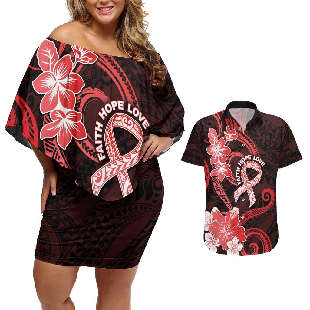 Heart Health Awareness Couples Matching Off Shoulder Short Dress and Hawaiian Shirt Warrior Wears Red Polynesian Style