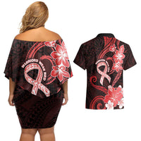 Heart Health Awareness Couples Matching Off Shoulder Short Dress and Hawaiian Shirt Warrior Wears Red Polynesian Style
