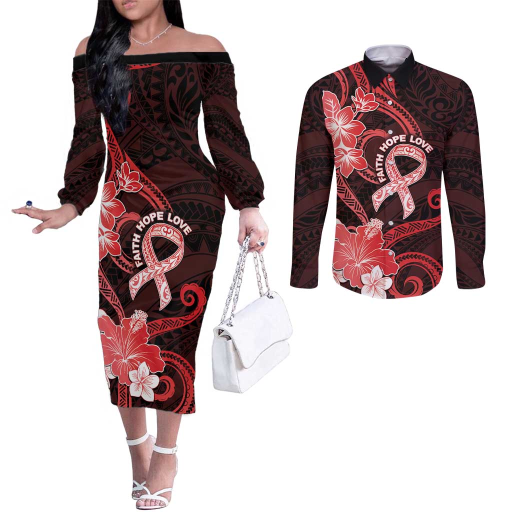 Heart Health Awareness Couples Matching Off The Shoulder Long Sleeve Dress and Long Sleeve Button Shirt Warrior Wears Red Polynesian Style
