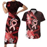 Heart Health Awareness Couples Matching Short Sleeve Bodycon Dress and Hawaiian Shirt Warrior Wears Red Polynesian Style