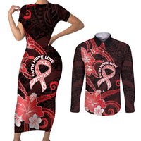 Heart Health Awareness Couples Matching Short Sleeve Bodycon Dress and Long Sleeve Button Shirt Warrior Wears Red Polynesian Style