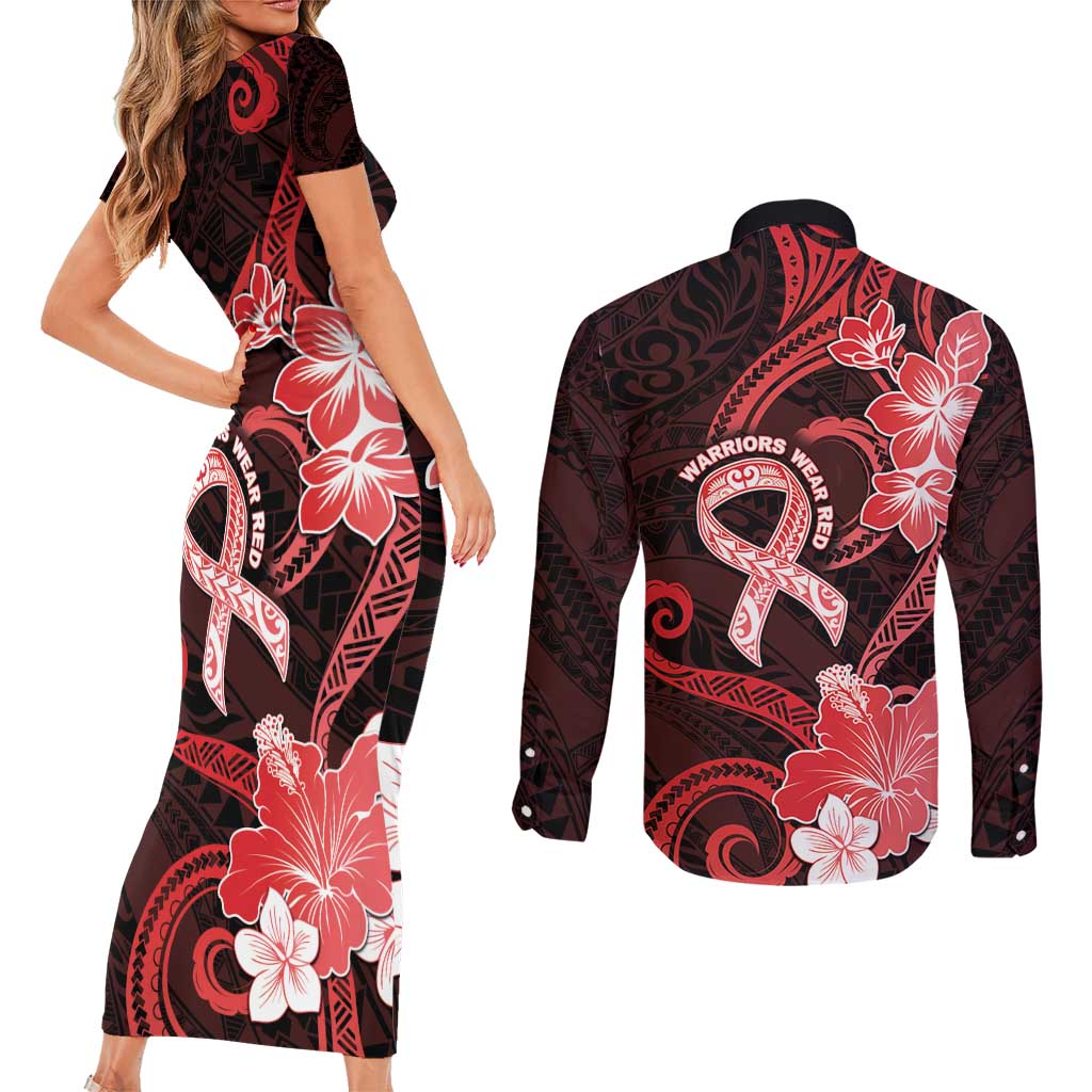 Heart Health Awareness Couples Matching Short Sleeve Bodycon Dress and Long Sleeve Button Shirt Warrior Wears Red Polynesian Style
