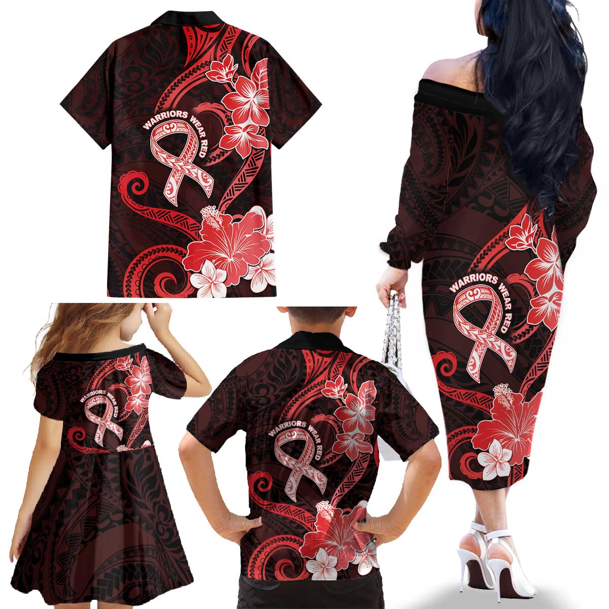 Heart Health Awareness Family Matching Off The Shoulder Long Sleeve Dress and Hawaiian Shirt Warrior Wears Red Polynesian Style
