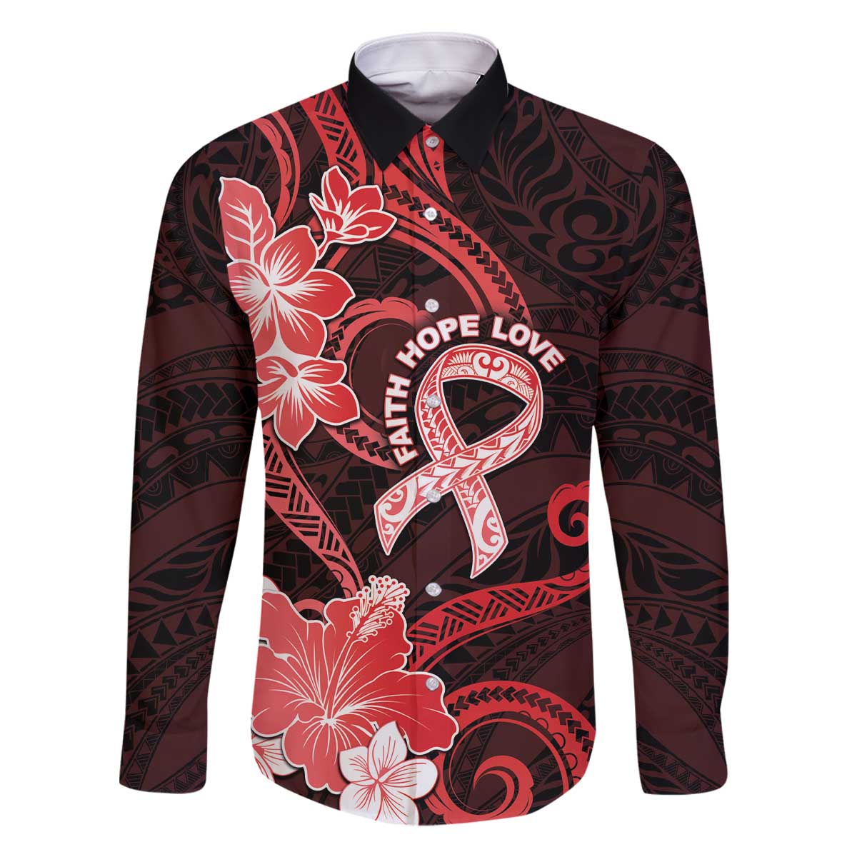 Heart Health Awareness Family Matching Off The Shoulder Long Sleeve Dress and Hawaiian Shirt Warrior Wears Red Polynesian Style