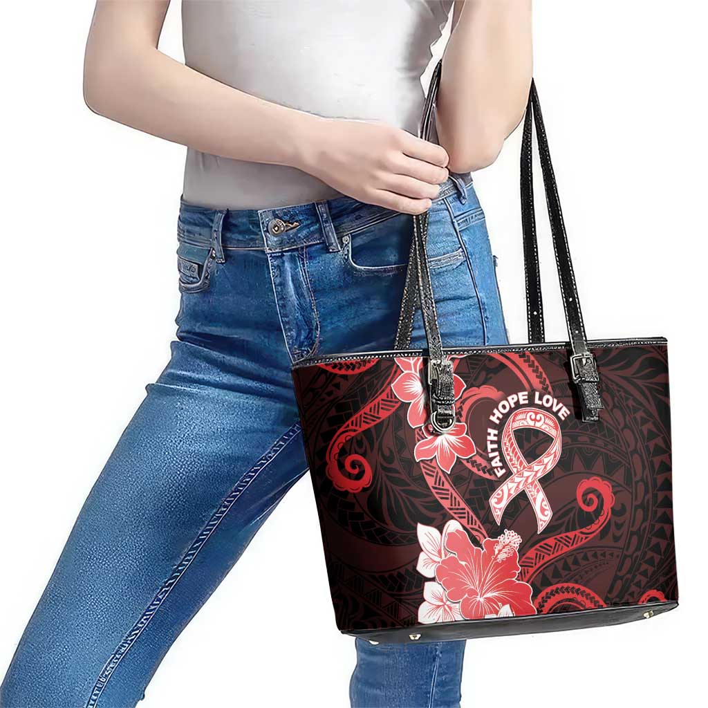 Heart Health Awareness Leather Tote Bag Warrior Wears Red Polynesian Style