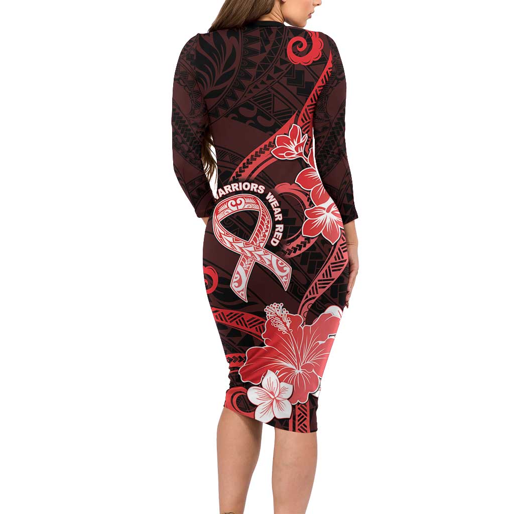 Heart Health Awareness Long Sleeve Bodycon Dress Warrior Wears Red Polynesian Style