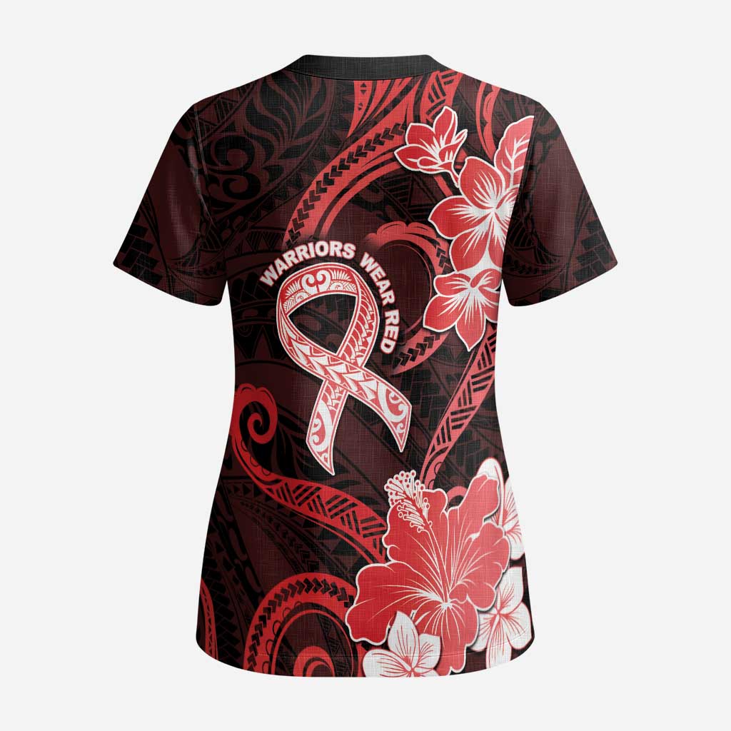 Heart Health Awareness Scrub Top Warrior Wears Red Polynesian Style - Polynesian Pride