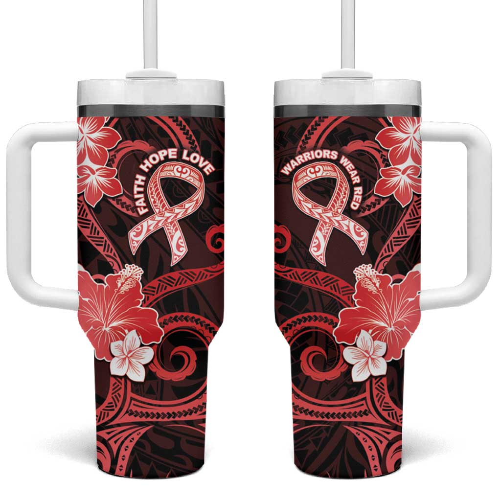 Heart Health Awareness Tumbler With Handle Warrior Wears Red Polynesian Style