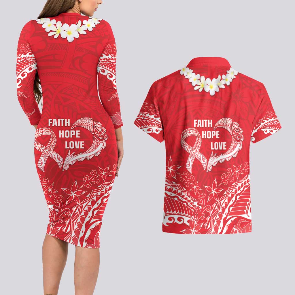 Heart Health Awareness Couples Matching Long Sleeve Bodycon Dress and Hawaiian Shirt Polynesian Red Ribbon