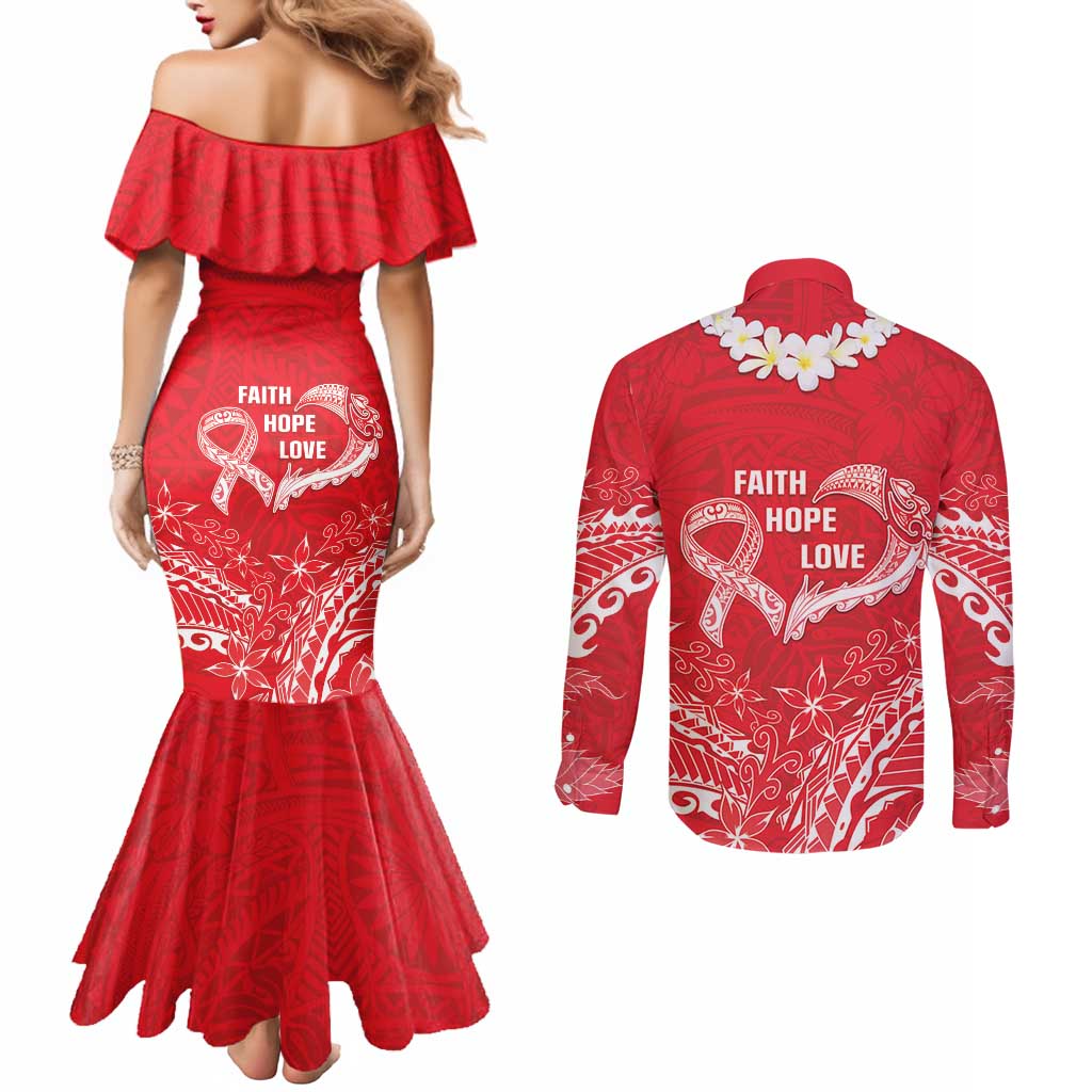 Heart Health Awareness Couples Matching Mermaid Dress and Long Sleeve Button Shirt Polynesian Red Ribbon