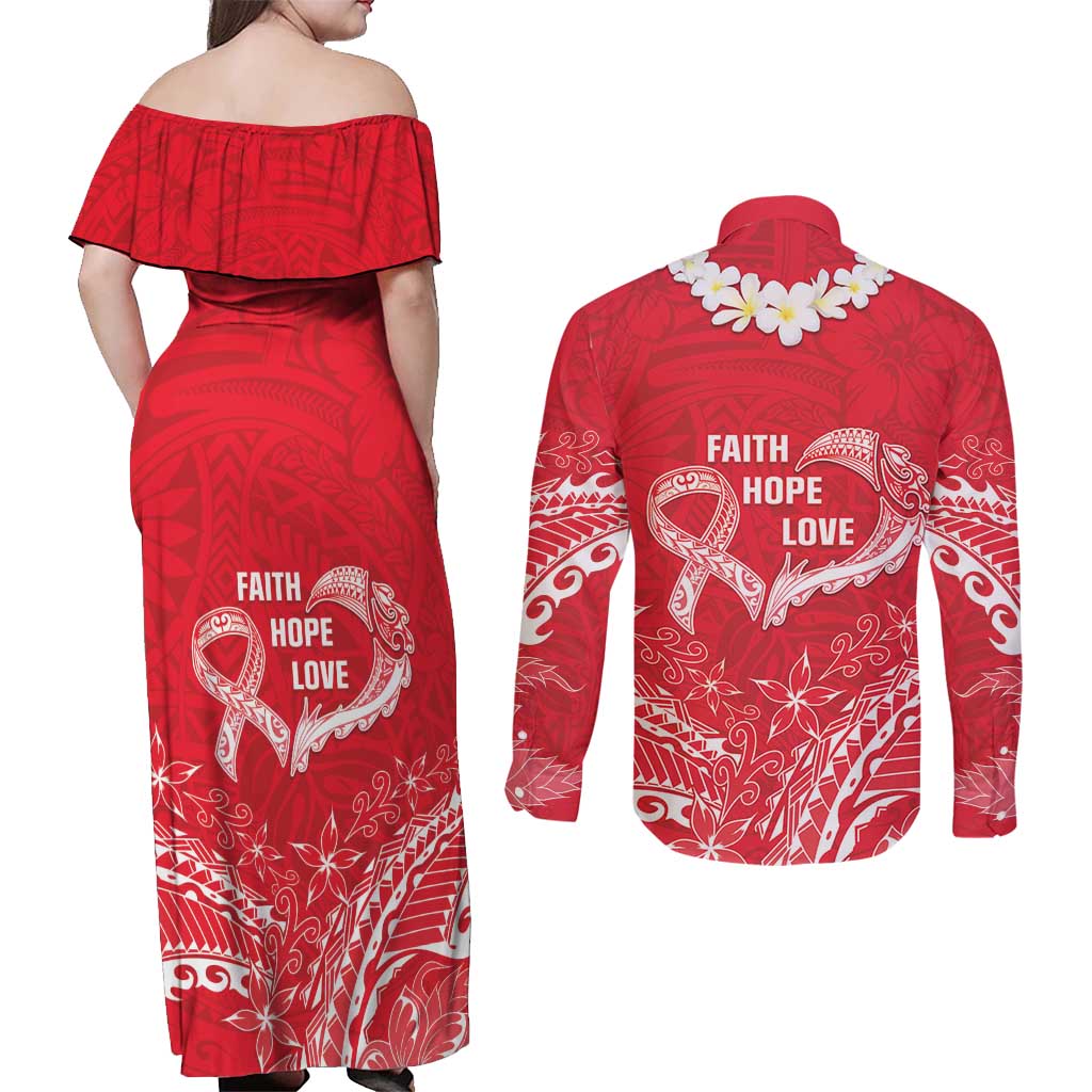 Heart Health Awareness Couples Matching Off Shoulder Maxi Dress and Long Sleeve Button Shirt Polynesian Red Ribbon