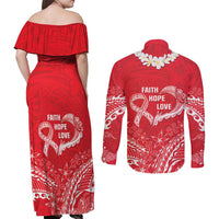 Heart Health Awareness Couples Matching Off Shoulder Maxi Dress and Long Sleeve Button Shirt Polynesian Red Ribbon