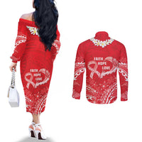 Heart Health Awareness Couples Matching Off The Shoulder Long Sleeve Dress and Long Sleeve Button Shirt Polynesian Red Ribbon