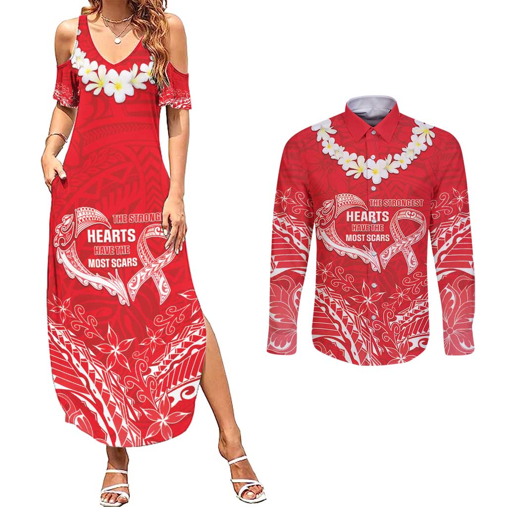 Heart Health Awareness Couples Matching Summer Maxi Dress and Long Sleeve Button Shirt Polynesian Red Ribbon