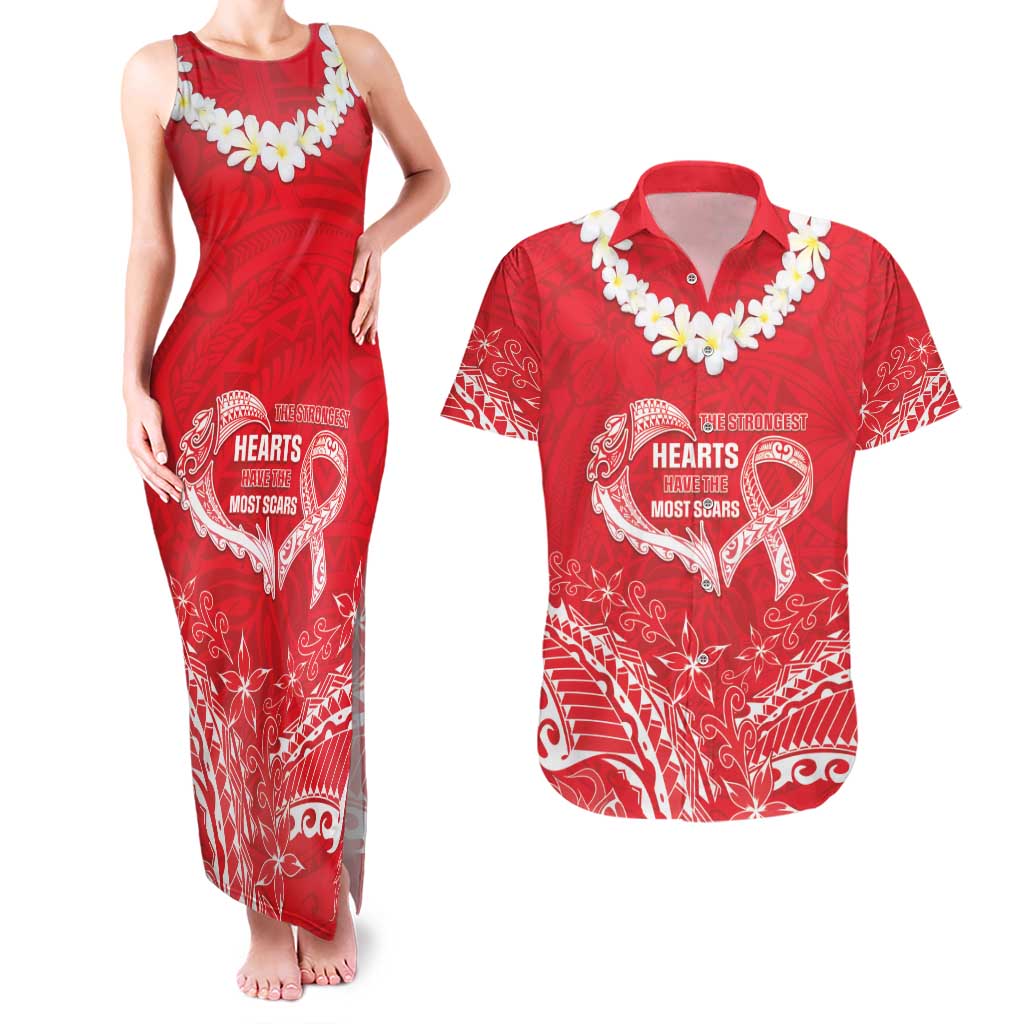 Heart Health Awareness Couples Matching Tank Maxi Dress and Hawaiian Shirt Polynesian Red Ribbon