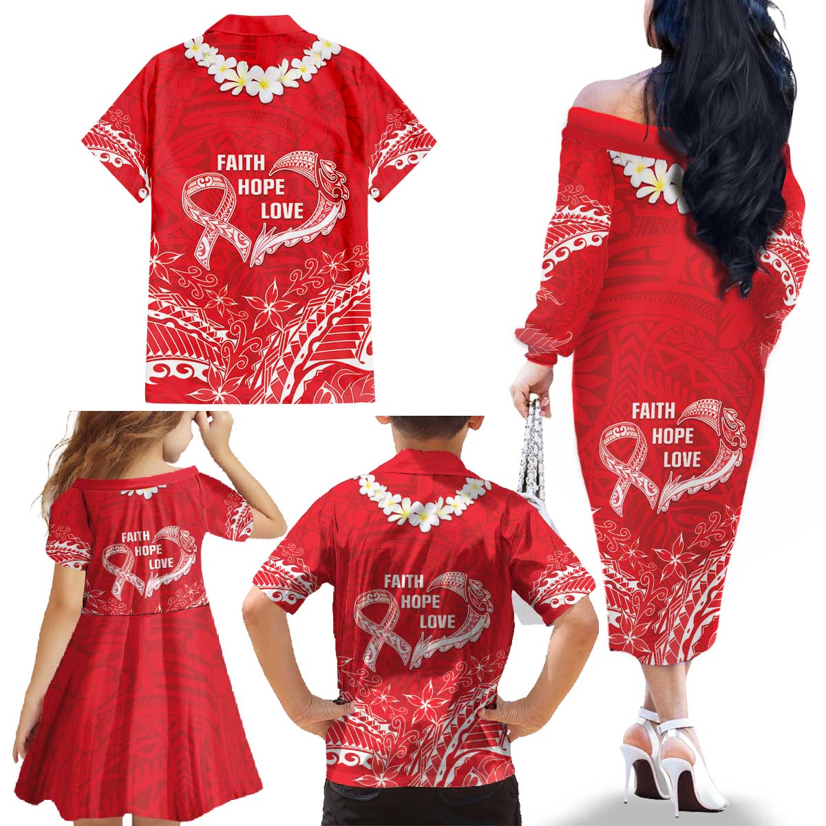 Heart Health Awareness Family Matching Off The Shoulder Long Sleeve Dress and Hawaiian Shirt Polynesian Red Ribbon