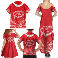 Heart Health Awareness Family Matching Summer Maxi Dress and Hawaiian Shirt Polynesian Red Ribbon