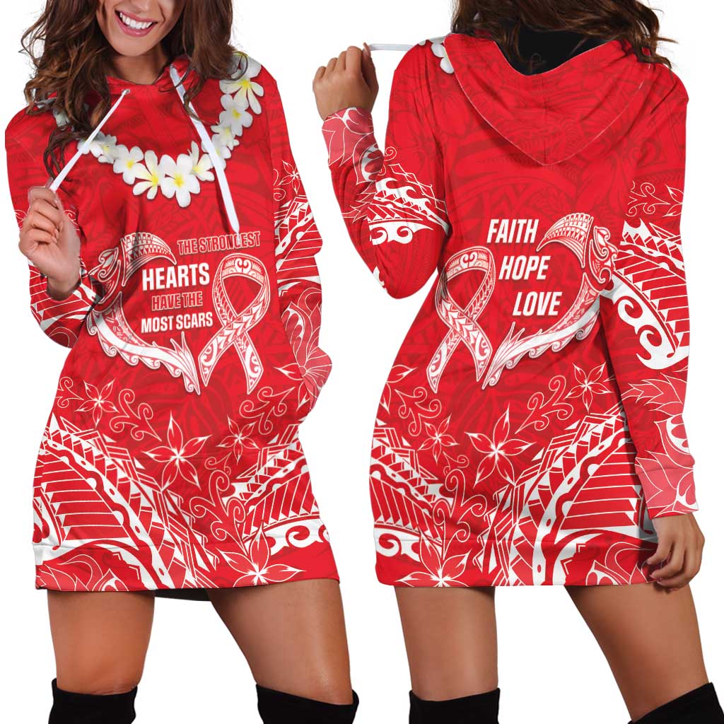 Heart Health Awareness Hoodie Dress Polynesian Red Ribbon