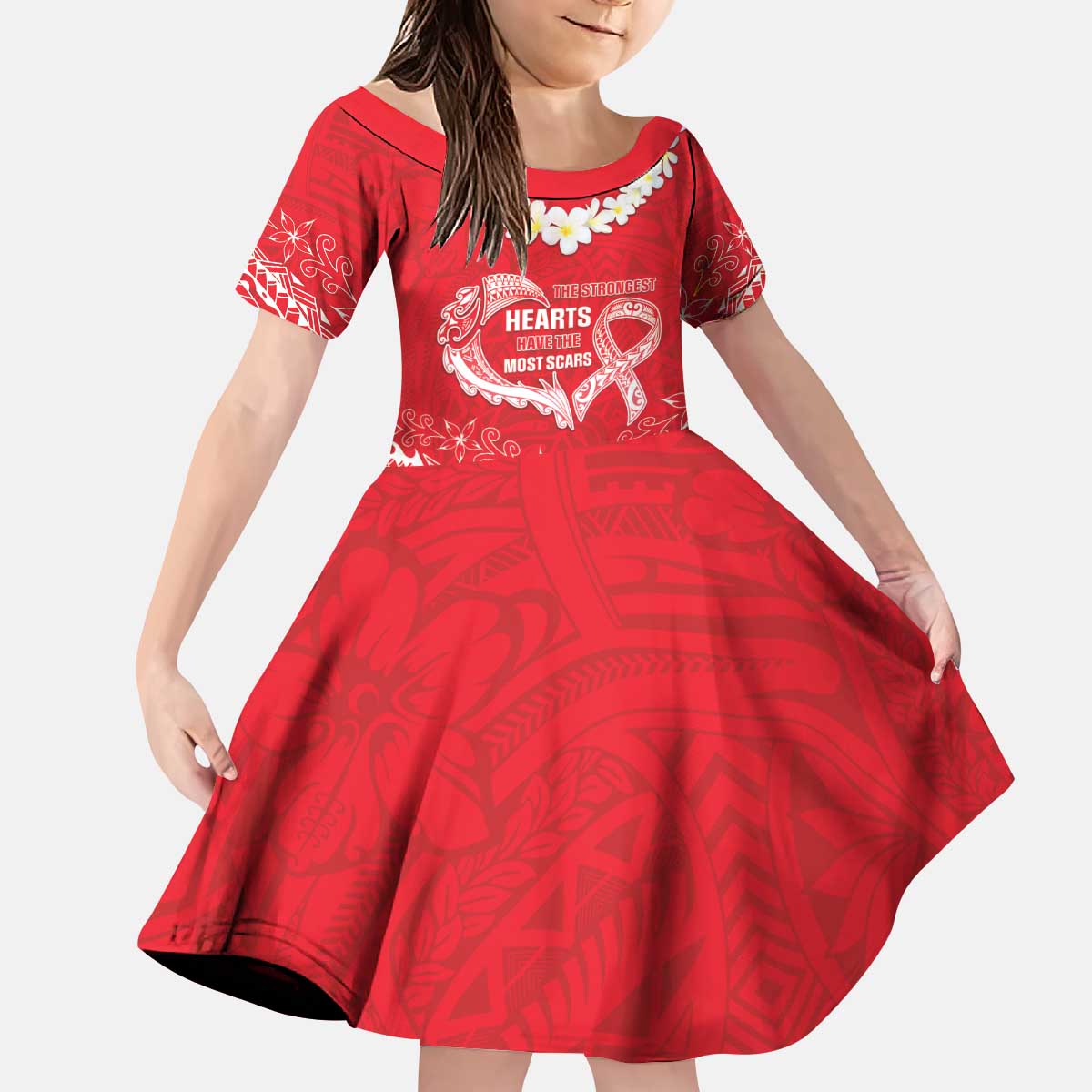 Heart Health Awareness Kid Short Sleeve Dress Polynesian Red Ribbon