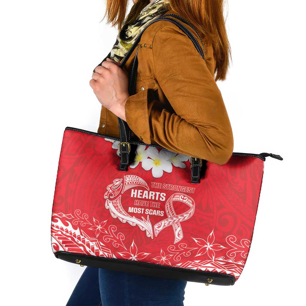 Heart Health Awareness Leather Tote Bag Polynesian Red Ribbon