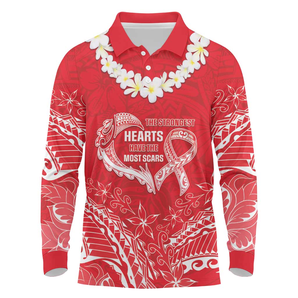 Heart Health Awareness Long Sleeve Polo Shirt Polynesian Red Ribbon LT05 Red - Polynesian Pride