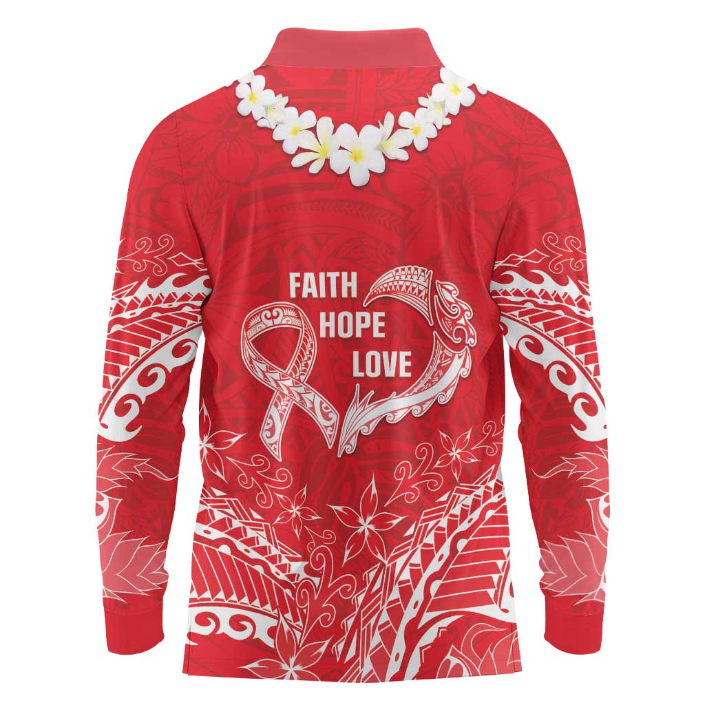 Heart Health Awareness Long Sleeve Polo Shirt Polynesian Red Ribbon