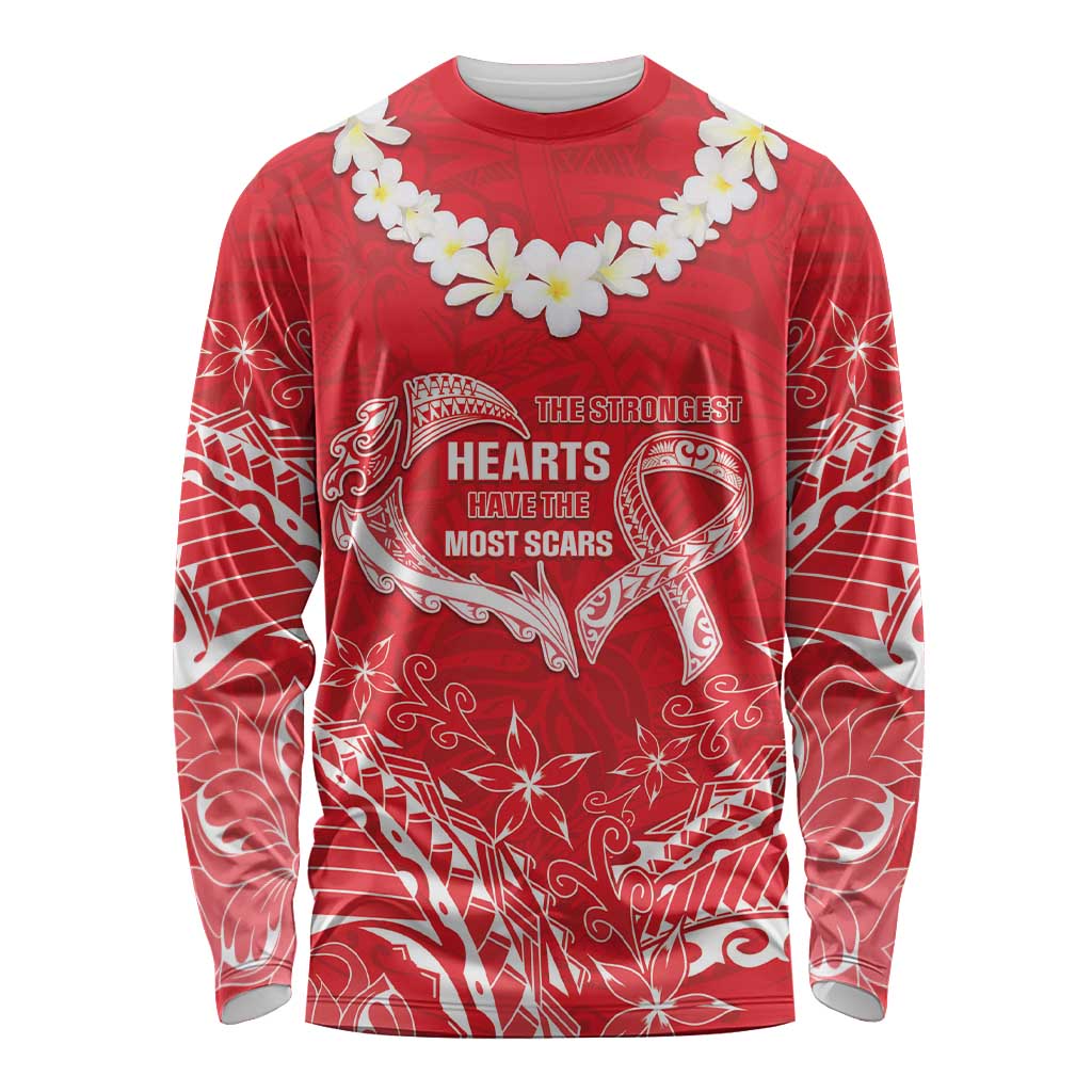 Heart Health Awareness Long Sleeve Shirt Polynesian Red Ribbon