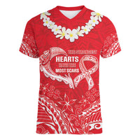 Heart Health Awareness Women V-Neck T-Shirt Polynesian Red Ribbon