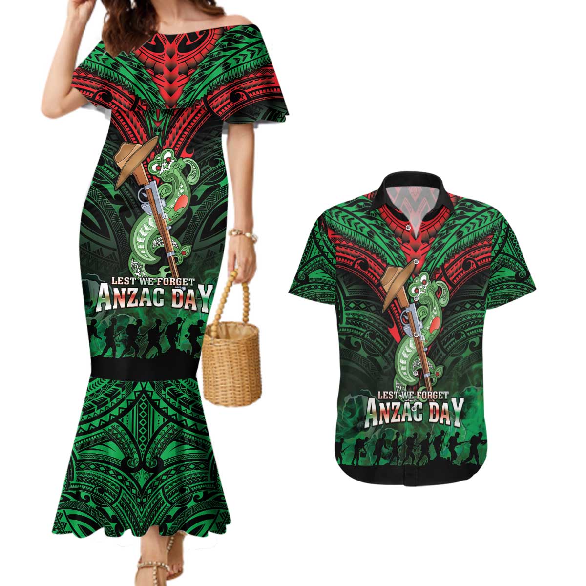 New Zealand ANZAC Day Couples Matching Mermaid Dress and Hawaiian Shirt Aotearoa Hei Tiki