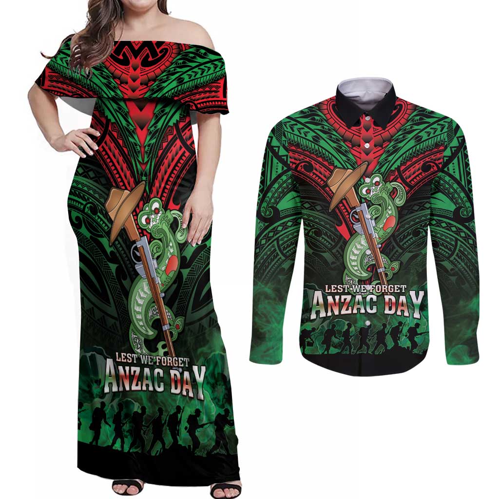 New Zealand ANZAC Day Couples Matching Off Shoulder Maxi Dress and Long Sleeve Button Shirt Aotearoa Hei Tiki