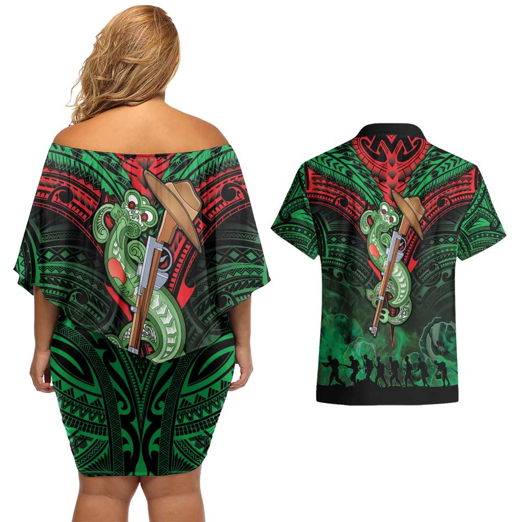 New Zealand ANZAC Day Couples Matching Off Shoulder Short Dress and Hawaiian Shirt Aotearoa Hei Tiki