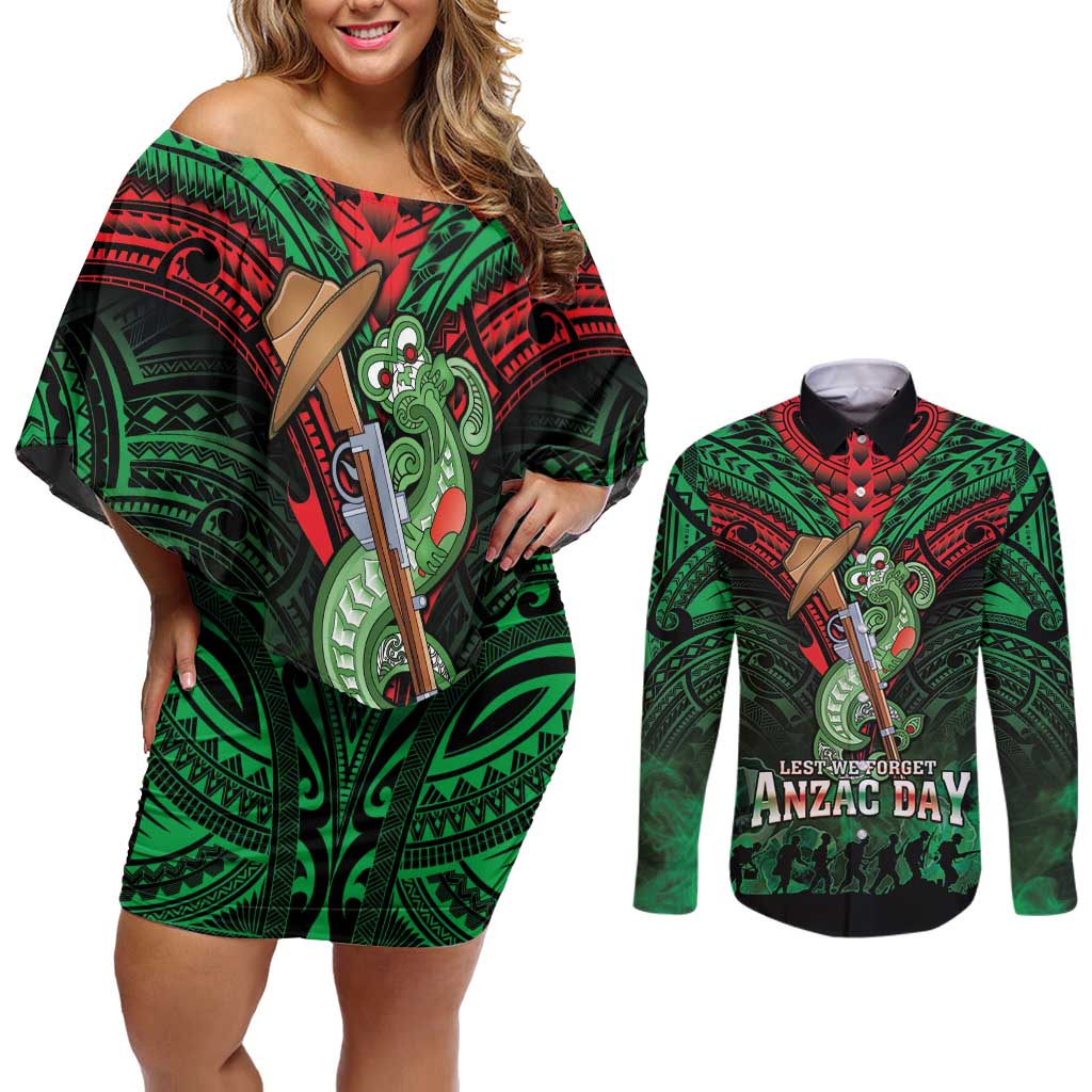 New Zealand ANZAC Day Couples Matching Off Shoulder Short Dress and Long Sleeve Button Shirt Aotearoa Hei Tiki