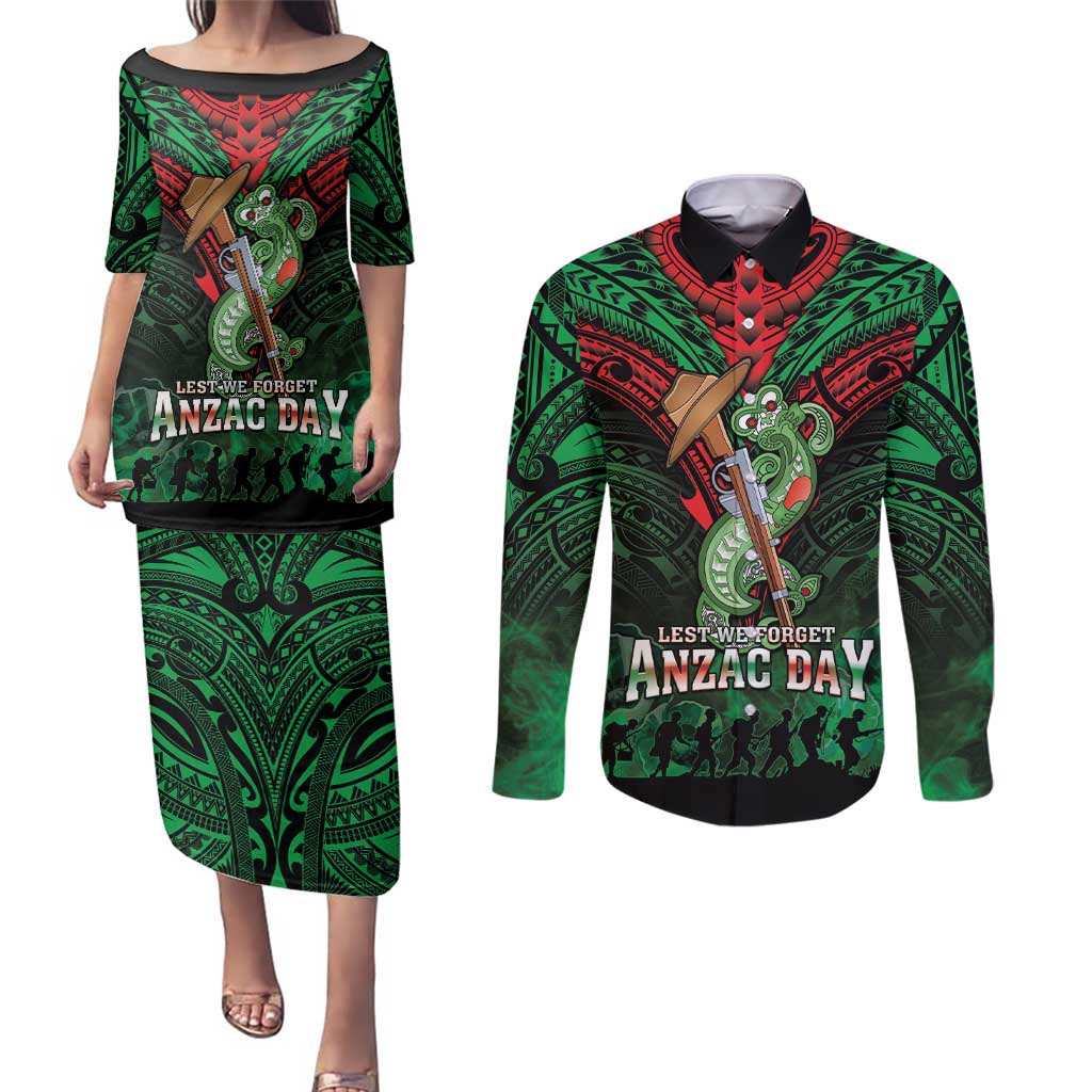 New Zealand ANZAC Day Couples Matching Puletasi and Long Sleeve Button Shirt Aotearoa Hei Tiki
