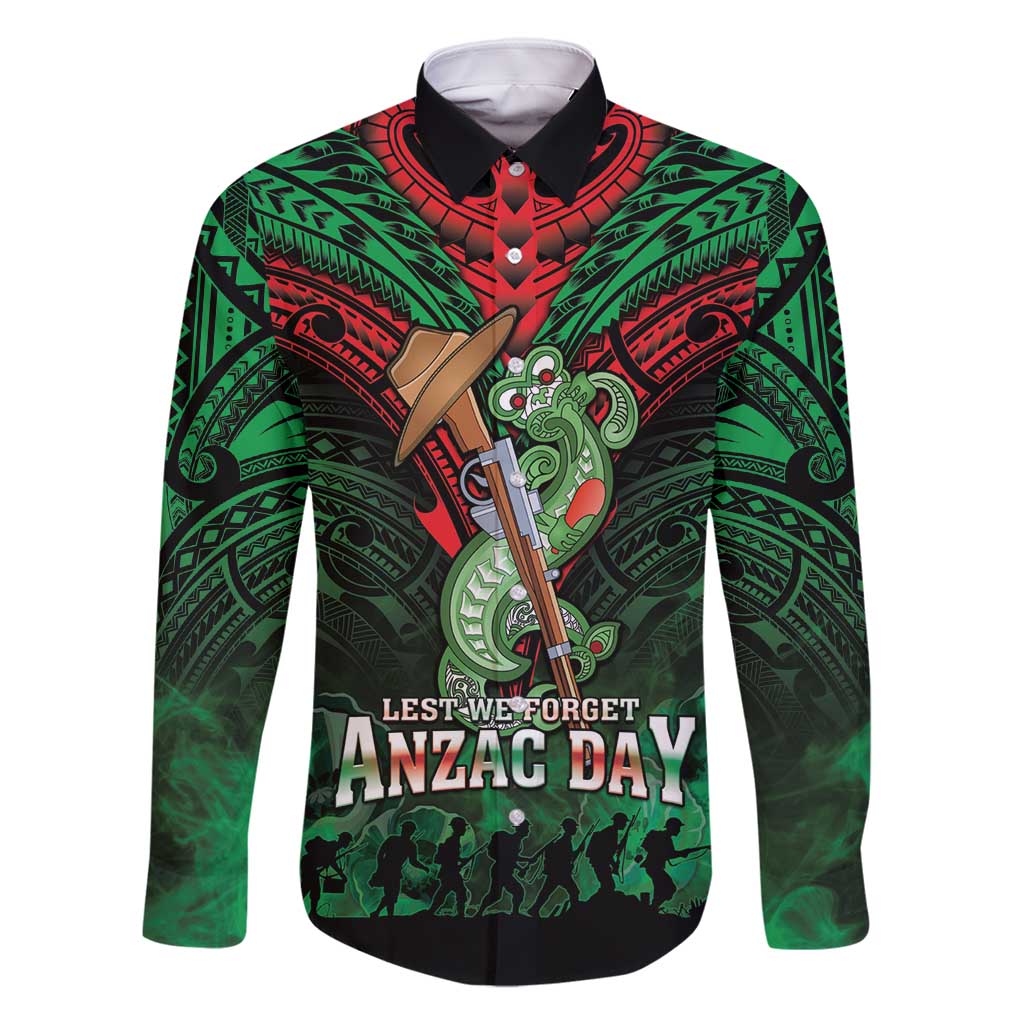 New Zealand ANZAC Day Family Matching Off Shoulder Short Dress and Hawaiian Shirt Aotearoa Hei Tiki LT05 Dad's Shirt - Long Sleeve Green - Polynesian Pride