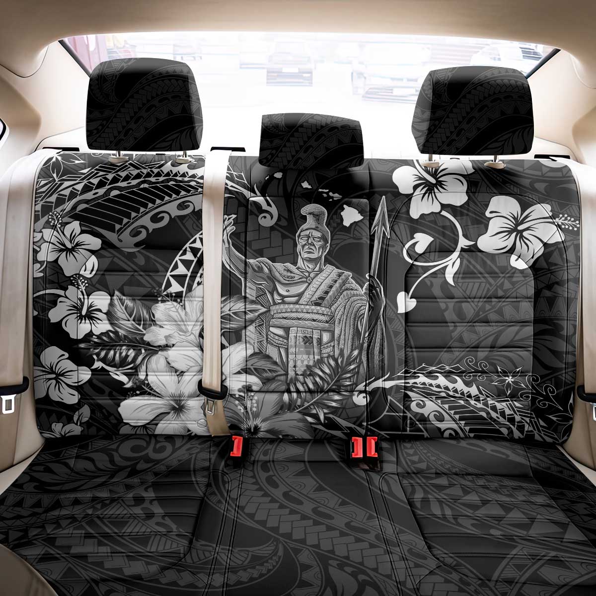 Hawaii King Kamehameha Day Back Car Seat Cover Polynesian Pattern Mix Hibiscus Black
