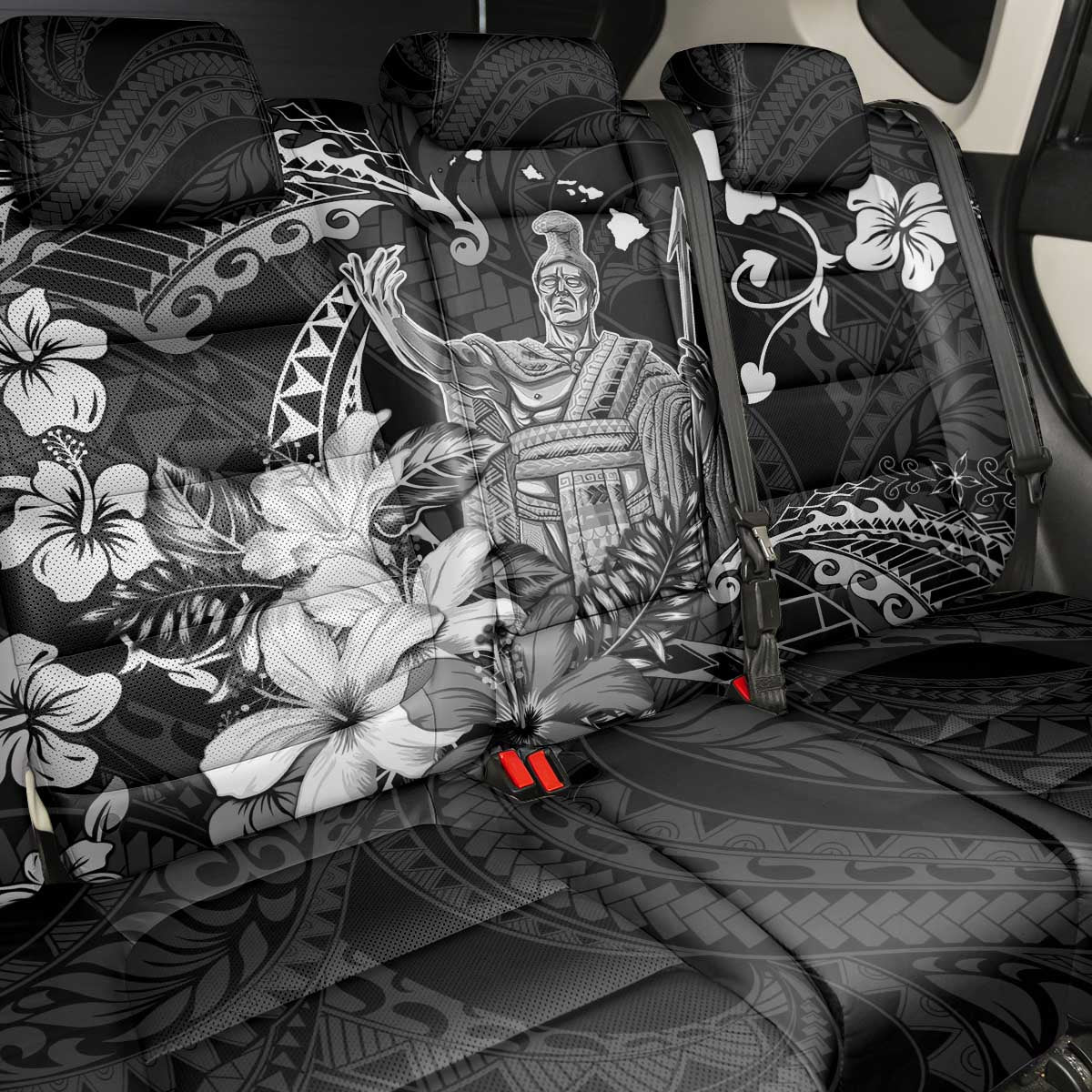 Hawaii King Kamehameha Day Back Car Seat Cover Polynesian Pattern Mix Hibiscus Black