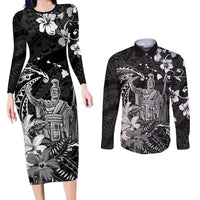 Hawaii King Kamehameha Day Couples Matching Long Sleeve Bodycon Dress and Long Sleeve Button Shirt Polynesian Pattern Mix Hibiscus Black