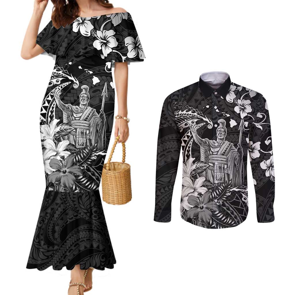 Hawaii King Kamehameha Day Couples Matching Mermaid Dress and Long Sleeve Button Shirt Polynesian Pattern Mix Hibiscus Black