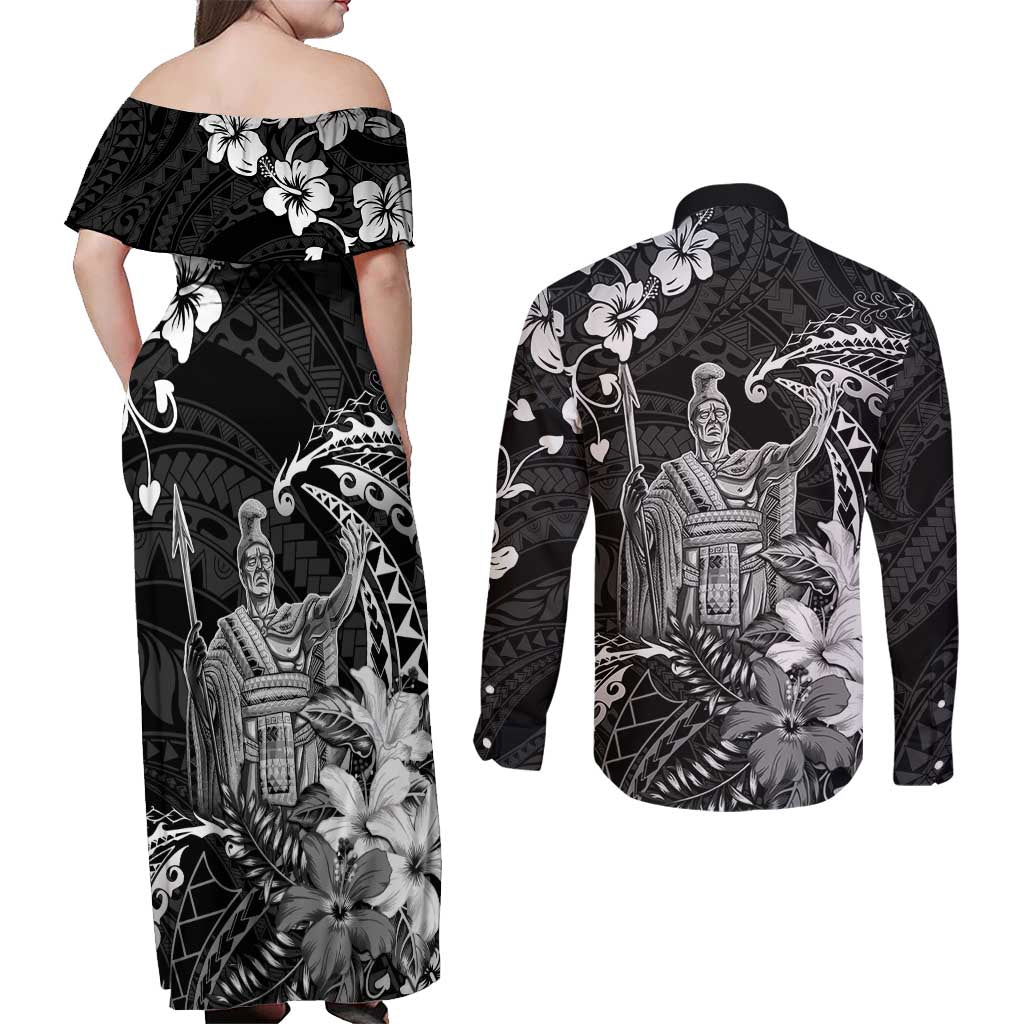 Hawaii King Kamehameha Day Couples Matching Off Shoulder Maxi Dress and Long Sleeve Button Shirt Polynesian Pattern Mix Hibiscus Black