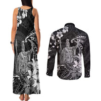 Hawaii King Kamehameha Day Couples Matching Tank Maxi Dress and Long Sleeve Button Shirt Polynesian Pattern Mix Hibiscus Black