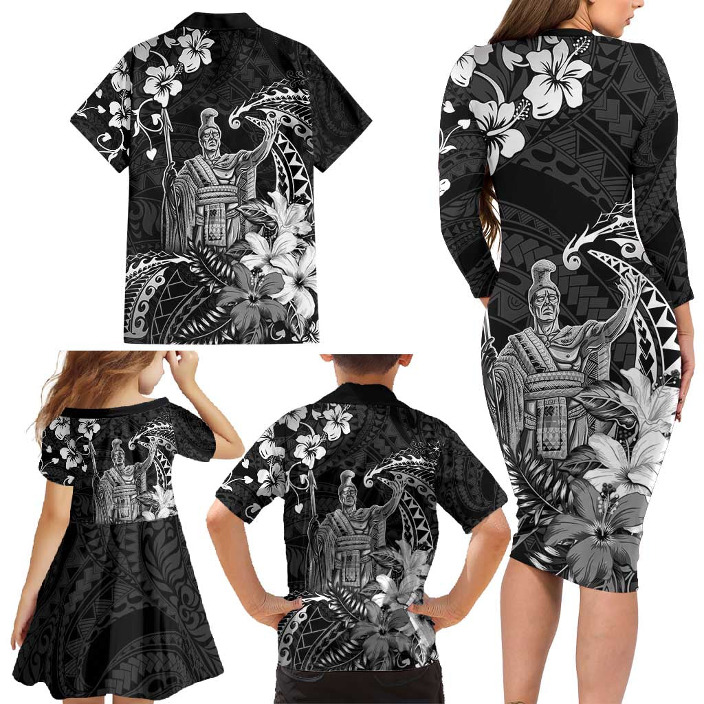 Hawaii King Kamehameha Day Family Matching Long Sleeve Bodycon Dress and Hawaiian Shirt Polynesian Pattern Mix Hibiscus Black